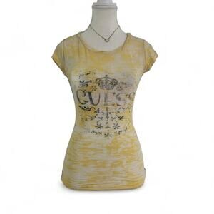 Guess Jeans Y2K Vintage Butter Yellow Baby Tee Fitted Camo Sheer Mcbling Size S